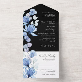 Invitación Todo En Uno Monograma floral azul Boda blanco y negro
