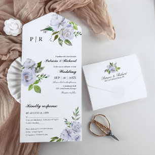 Invitación Todo En Uno Monograma Floral Azul Claro Elegante Boda