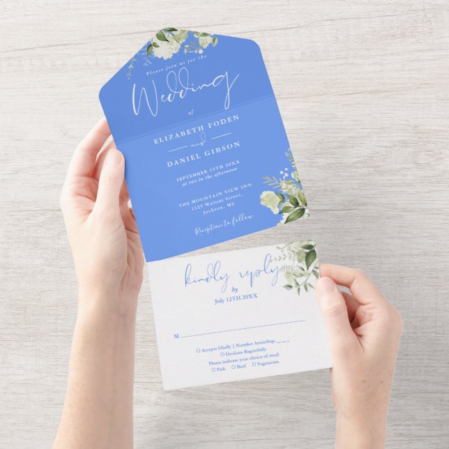 Invitación Todo En Uno Monograma floral azul de aciano de vegetación para (desgarro)