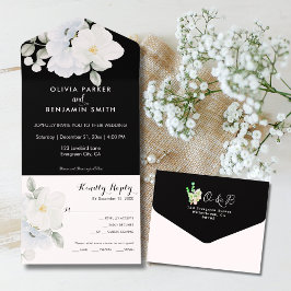 Invitación Todo En Uno Monograma floral blanco elegante Boda negro modern