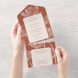 Invitación Todo En Uno Monograma Floral Botánico Boda Terracota