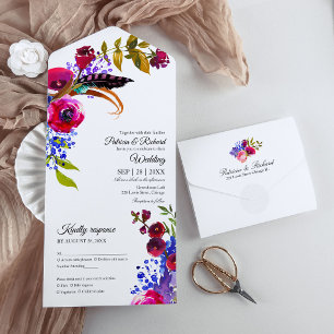 Invitación Todo En Uno Monograma Floral de Burdeos Brillante Elegante Bod