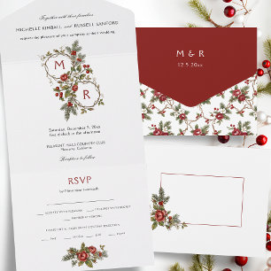 Invitación Todo En Uno Monograma floral de Navidad de invierno vintage el