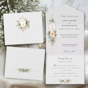 Invitación Todo En Uno Monograma floral de Navidades simplemente elegante