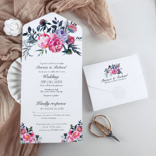Invitación Todo En Uno Monograma Floral de Peonía Rosa Brillante Elegante