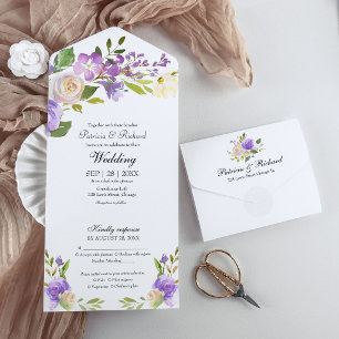 Invitación Todo En Uno Monograma Floral Púrpura Elegante Boda