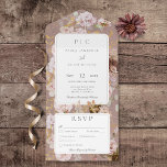 Invitación Todo En Uno Monograma floral rosa Rubor inmaculado<br><div class="desc">DISPONIBLE CON O SIN CÓDIGO QR. Este diseño de inspiración vintage presenta un monograma de las iniciales de la pareja en un cuadro de texto blanco. La caja está rodeada por un bonito surtido de flores de color marrón, rubor, marfil y rosa con un toque de oro. El color rosa...</div>