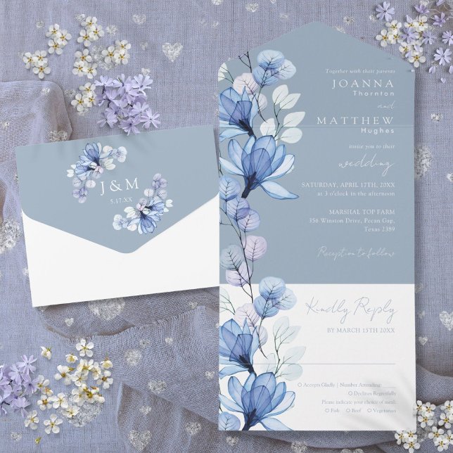 Invitación Todo En Uno Monograma Floral Transparente Boda Azul Dusto (Transparent Floral Monogram Dusty Blue Wedding All In One Invitation)