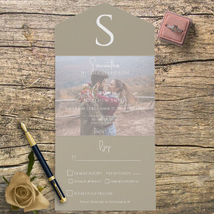 Invitación Todo En Uno Monograma Foto Moderna Cenar Caqui Bronceado