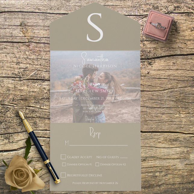 Invitación Todo En Uno Monograma Foto Moderna Cenar Caqui Bronceado (Subido por el creador)