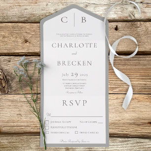 Invitación Todo En Uno Monograma gris y blanco plateado cena mínima