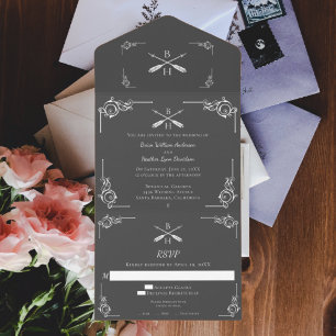 Invitación Todo En Uno Monograma gris y Boda de flechas