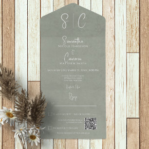 Invitación Todo En Uno Monograma mínimo moderno verde sagaz Código QR