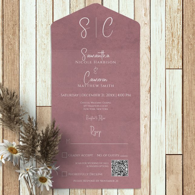 Invitación Todo En Uno Monograma mínimo rosado moderno Código QR (Subido por el creador)