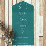 Invitación Todo En Uno Monograma mínimo Verde azulado moderno sin cena<br><div class="desc">DISPONIBLE CON O SIN CÓDIGO QR PARA ESCAPAR EN LA ZONA RSVP O CON O SIN OPCIONES PARA CENAR. El diseño es sencillo pero elegante, con las iniciales del novio y la novia. El fondo tiene una apariencia envejecida y aguda. También agregue un código QR personalizado a su invitación para...</div>
