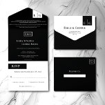 Invitación Todo En Uno Monograma Moderno Blanco Y Negro Elegante Boda<br><div class="desc">Haga una declaración con esta invitación de boda atemporal y clásica en blanco y negro. La tipografía blanca en negrita sobre un fondo negro crea un contraste llamativo y un aspecto único. Perfecto para bodas, compromisos y otras ocasiones especiales, esta invitación causará una impresión duradera. El diseño, sencillo pero elegante,...</div>