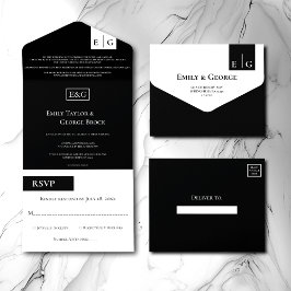Invitación Todo En Uno Monograma Moderno Blanco Y Negro Elegante Boda