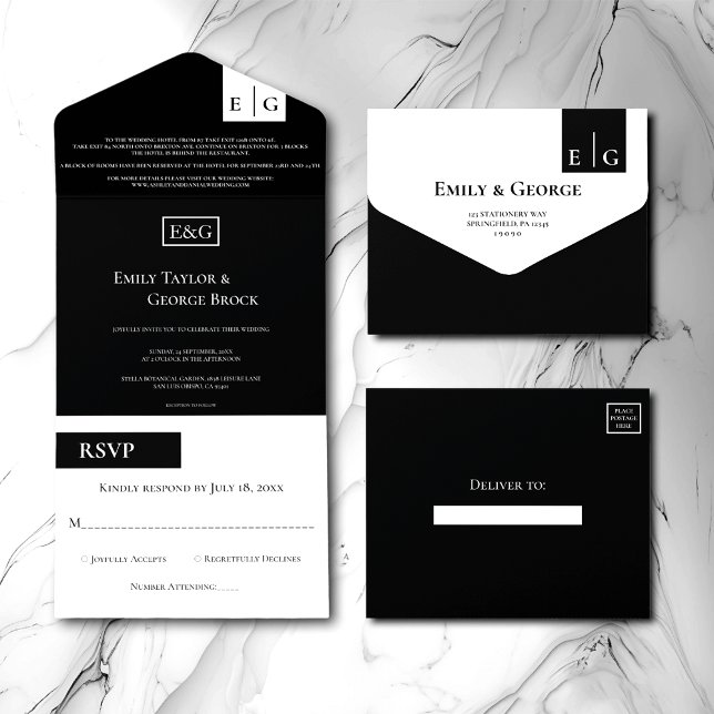 Invitación Todo En Uno Monograma Moderno Blanco Y Negro Elegante Boda (Subido por el creador)