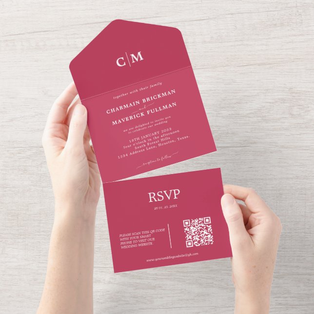 Invitación Todo En Uno Monograma moderno de magenta rojo Código QR Boda R (desgarro)