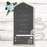 Invitación Todo En Uno Monograma moderno elegante negro QR<br><div class="desc">DISPONIBLE CON O SIN CÓDIGO QR O CON O SIN OPCIONES DE SELECCIÓN DE CENAS. Este diseño presenta un fondo de carbón suave y oscuro rodeado de un falso Relieve metalizado de oro con el monograma de la novia y el novio. Creado por Simply Farmhouse Press.</div>