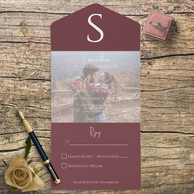 Invitación Todo En Uno Monograma moderno foto borgoña vino sin cena (Subido por el creador)