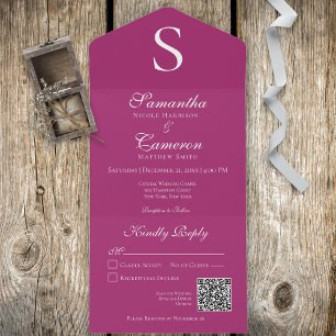 Invitación Todo En Uno Monograma moderno Fuchsia Código QR rosa