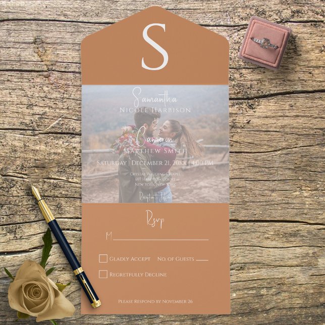 Invitación Todo En Uno Monograma moderno Naranja quemado por fotografía s (Subido por el creador)