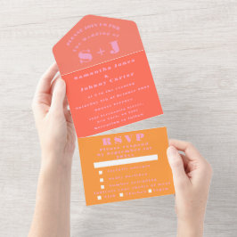 Invitación Todo En Uno Monograma Naranja rosa simple Boda negrita