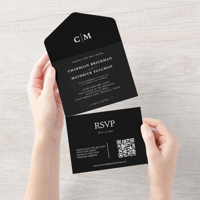 Invitación Todo En Uno Monograma negro moderno Código QR RSVP (desgarro)