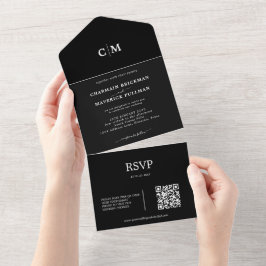 Invitación Todo En Uno Monograma negro moderno Código QR RSVP