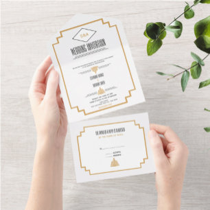 Invitación Todo En Uno Monograma Negro, Oro y Blanco Art Deco Boda Al