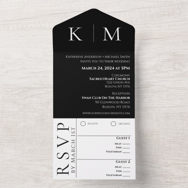 Invitación Todo En Uno Monograma negro y blanco-Boda moderno- (Interior)