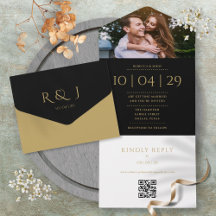 Monograma Negro Y Oro Código QR Fecha Boda de foto