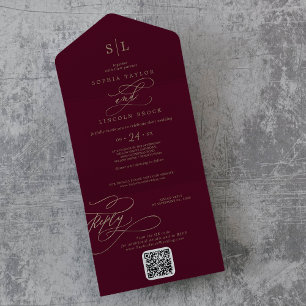Invitación Todo En Uno Monograma romántico de borgoña Boda de código QR