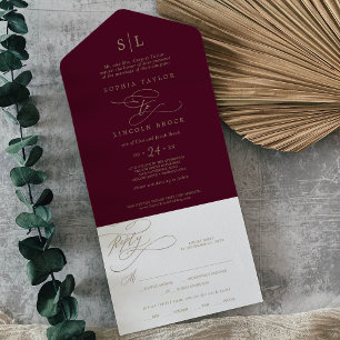 Invitación Todo En Uno Monograma romántico de Borgoña Boda tradicional