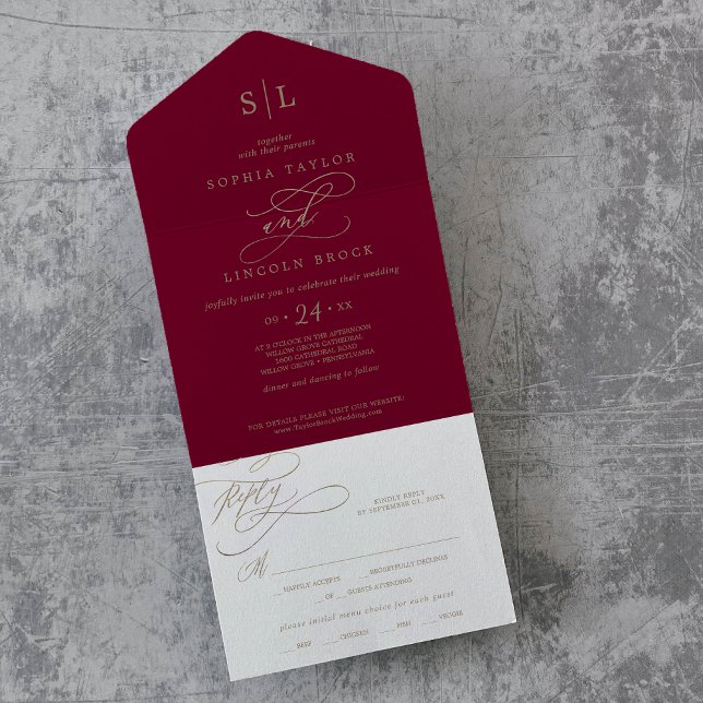 Invitación Todo En Uno Monograma romántico de caligrafía borgoña Boda tod (Romantic Burgundy Calligraphy Monogram Wedding All All In One Invitation)