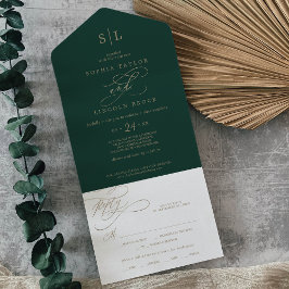 Invitación Todo En Uno Monograma Romántico de caligrafía verde Boda todo 