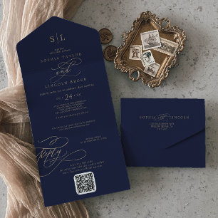 Invitación Todo En Uno Monograma romántico de oro y marina Boda de código