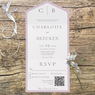 Invitación Todo En Uno Monograma rosa y blanco turbio Código QR mínimo