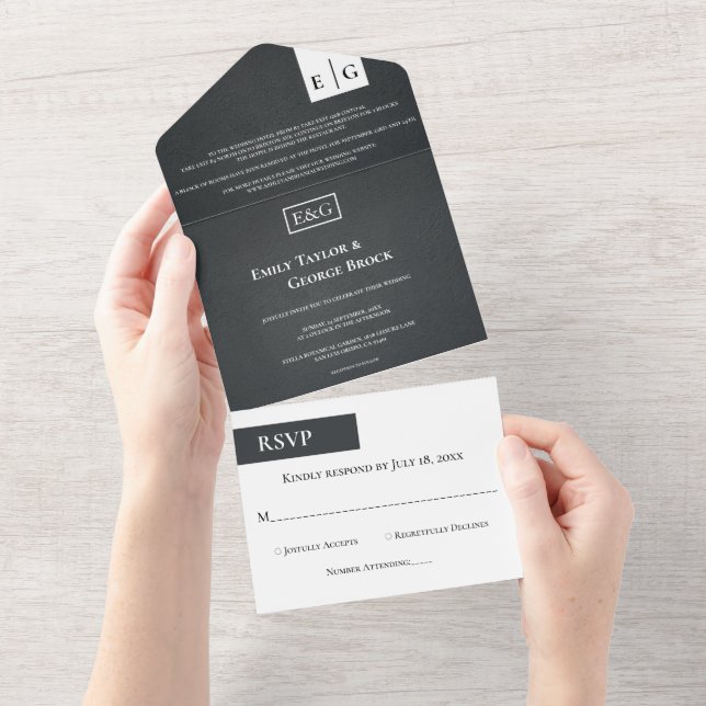 Invitación Todo En Uno Monograma Rústico Negro Y Blanco Boda Moderno (desgarro)