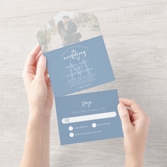 Invitación Todo En Uno Monograma simple Boda de fotos azul turbio (desgarro)