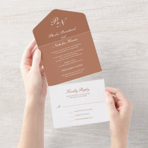 Invitación Todo En Uno Monograma simple Boda elegante de terracota