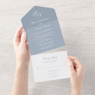 Invitación Todo En Uno Monograma simple elegante Boda azul turbio