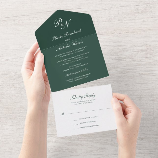 Invitación Todo En Uno Monograma simple Elegante Boda Verde Forestal (desgarro)