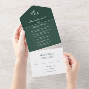 Invitación Todo En Uno Monograma simple Elegante Boda Verde Forestal