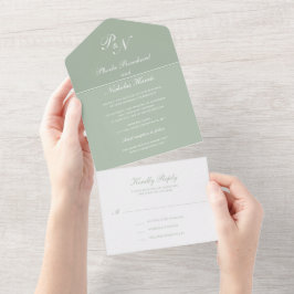 Invitación Todo En Uno Monograma simple elegante Boda verde sabio