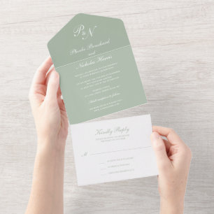 Invitación Todo En Uno Monograma simple elegante Boda verde sabio