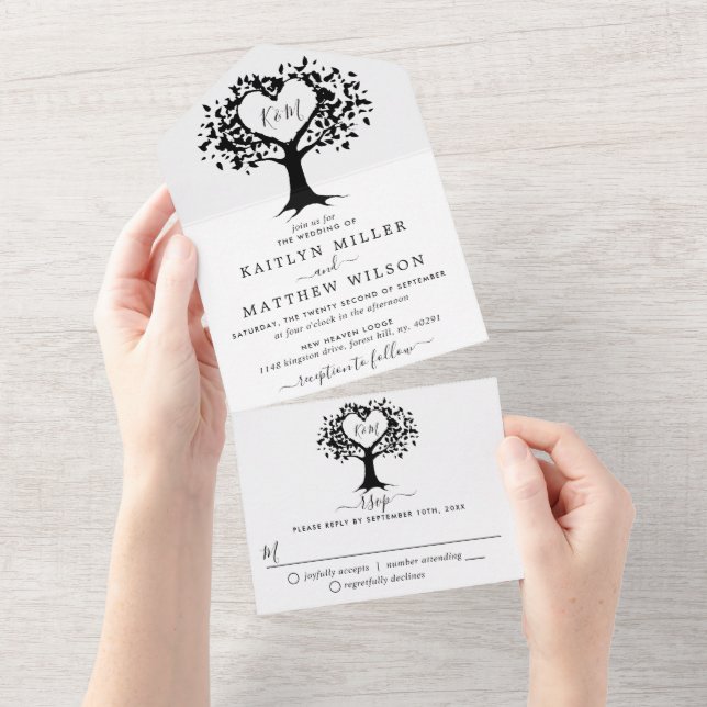Invitación Todo En Uno Monograma simple negro y blanco Boda de árbol del  (desgarro)