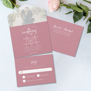 Invitación Todo En Uno Monograma simple Rosa Boda fotográfico