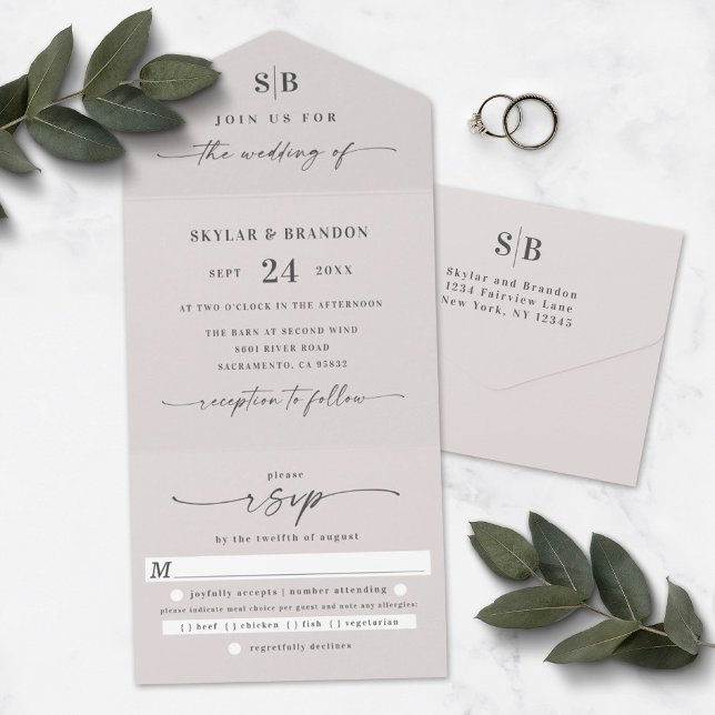Invitación Todo En Uno Monograma simple y guión Boda marfil-blanquecino (Subido por el creador)